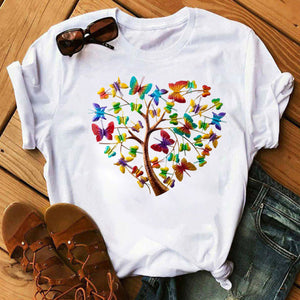 Woman Butterfly Tree Print Summer Tshirts Casual Round Neck Short Sleeve Top Tee Shirt Women