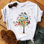 Woman Butterfly Tree Print Summer Tshirts Casual Round Neck Short Sleeve Top Tee Shirt Women