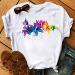 Woman Butterfly Tree Print Summer Tshirts Casual Round Neck Short Sleeve Top Tee Shirt Women