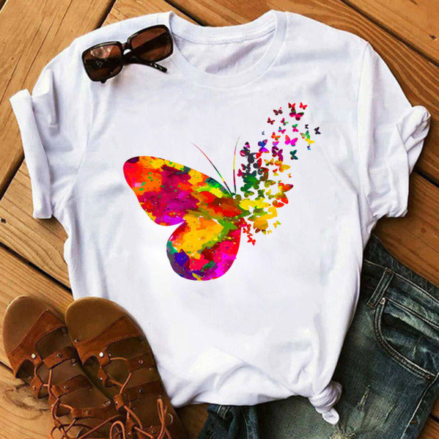 Woman Butterfly Tree Print Summer Tshirts Casual Round Neck Short Sleeve Top Tee Shirt Women