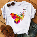 Woman Butterfly Tree Print Summer Tshirts Casual Round Neck Short Sleeve Top Tee Shirt Women