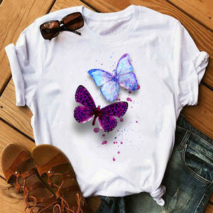 Woman Butterfly Tree Print Summer Tshirts Casual Round Neck Short Sleeve Top Tee Shirt Women