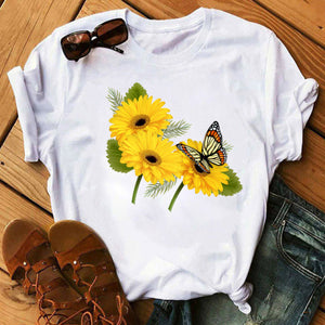 Woman Butterfly Tree Print Summer Tshirts Casual Round Neck Short Sleeve Top Tee Shirt Women