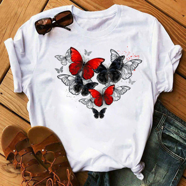 Woman Butterfly Tree Print Summer Tshirts Casual Round Neck Short Sleeve Top Tee Shirt Women