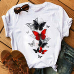 Woman Butterfly Tree Print Summer Tshirts Casual Round Neck Short Sleeve Top Tee Shirt Women