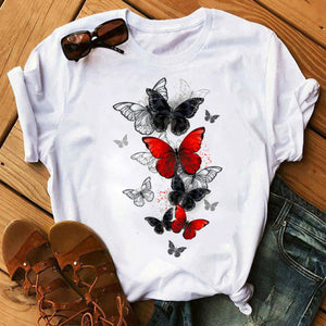 Woman Butterfly Tree Print Summer Tshirts Casual Round Neck Short Sleeve Top Tee Shirt Women