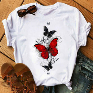 Woman Butterfly Tree Print Summer Tshirts Casual Round Neck Short Sleeve Top Tee Shirt Women