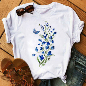 Woman Butterfly Tree Print Summer Tshirts Casual Round Neck Short Sleeve Top Tee Shirt Women