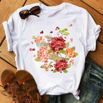 Woman Butterfly Tree Print Summer Tshirts Casual Round Neck Short Sleeve Top Tee Shirt Women