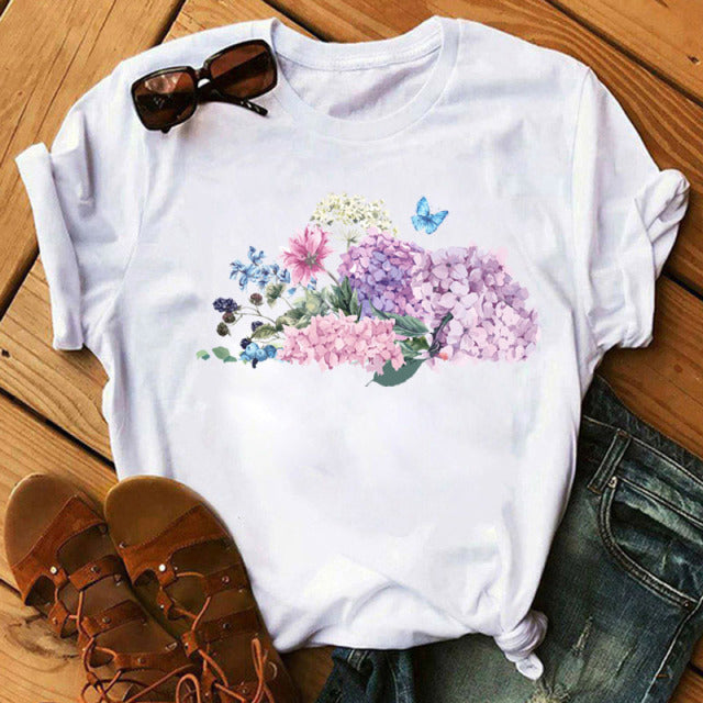 Woman Butterfly Tree Print Summer Tshirts Casual Round Neck Short Sleeve Top Tee Shirt Women