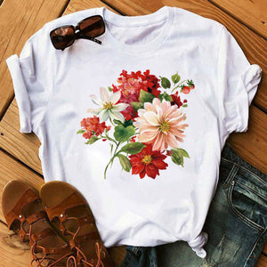 Woman Butterfly Tree Print Summer Tshirts Casual Round Neck Short Sleeve Top Tee Shirt Women