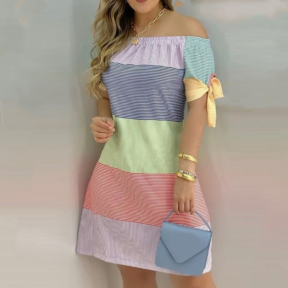 Women Off Shoulder Summer Mini Dress Sexy Short Sleeve Bow Tie Striped Plaid Floral Print