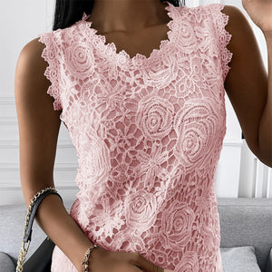 Summer Fashion Ladies Lace Jacquard Sleeveless Casual Women T-Shirt