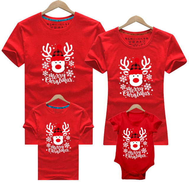 Christmas Deer Print T-shirt  Family Matching Christmas T shirt Mommy Daddy Baby Short Sleeve Red Shirt Clothes