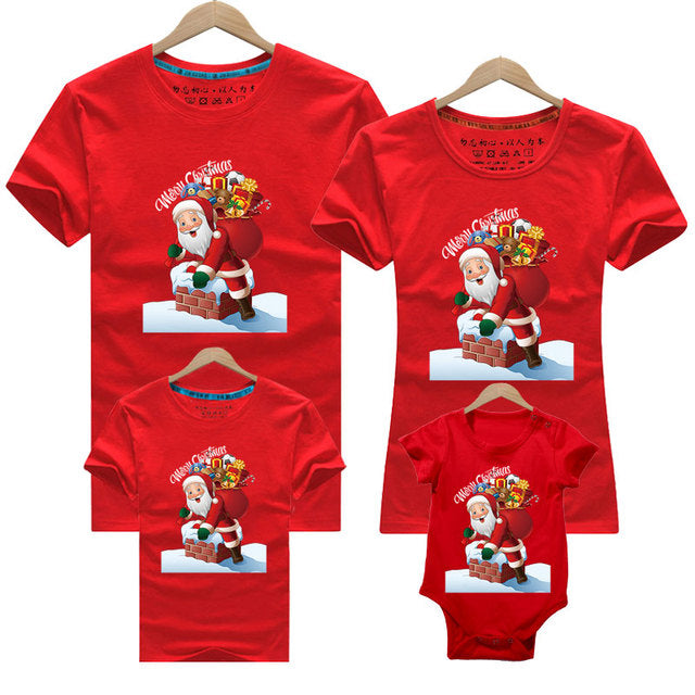 Christmas Deer Print T-shirt  Family Matching Christmas T shirt Mommy Daddy Baby Short Sleeve Red Shirt Clothes