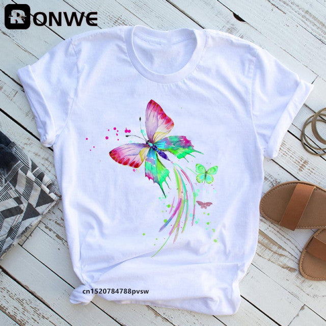 Woman Butterfly Tree Print Summer Tshirts Casual Round Neck Short Slee Top Tee Shirt