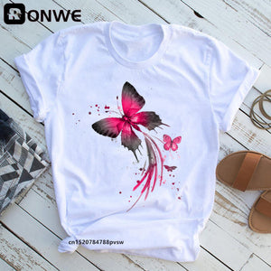 Woman Butterfly Tree Print Summer Tshirts Casual Round Neck Short Slee Top Tee Shirt