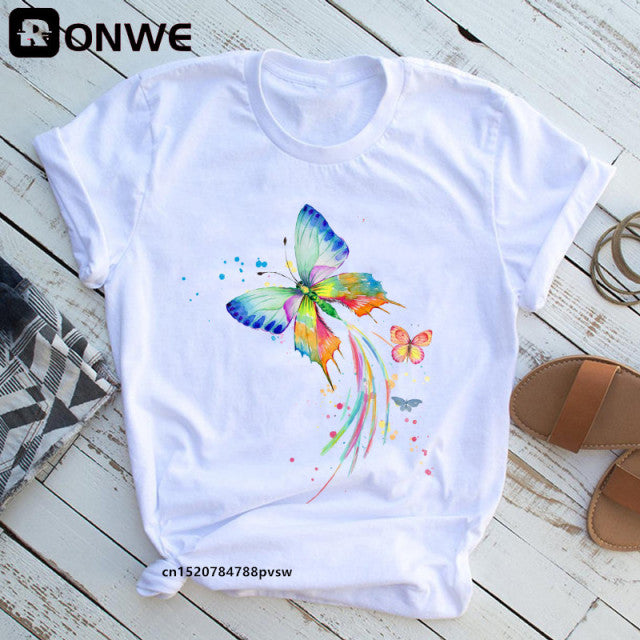 Woman Butterfly Tree Print Summer Tshirts Casual Round Neck Short Slee Top Tee Shirt