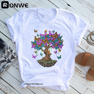 Woman Butterfly Tree Print Summer Tshirts Casual Round Neck Short Slee Top Tee Shirt