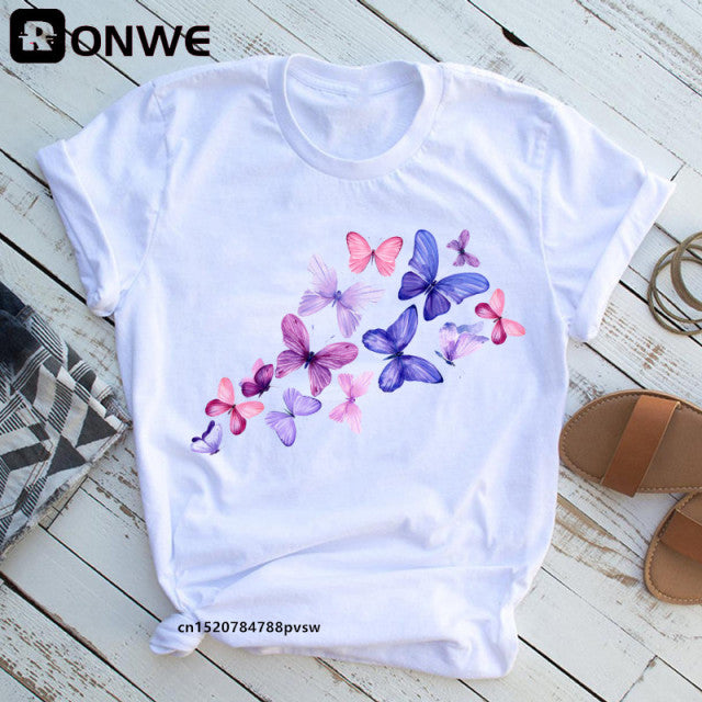 Woman Butterfly Tree Print Summer Tshirts Casual Round Neck Short Slee Top Tee Shirt