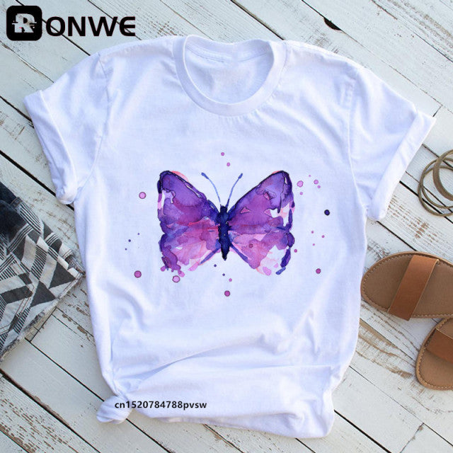 Woman Butterfly Tree Print Summer Tshirts Casual Round Neck Short Slee Top Tee Shirt