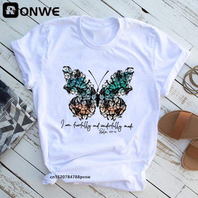 Woman Butterfly Tree Print Summer Tshirts Casual Round Neck Short Slee Top Tee Shirt