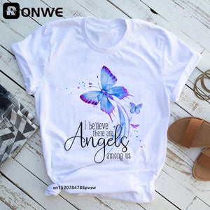 Woman Butterfly Tree Print Summer Tshirts Casual Round Neck Short Slee Top Tee Shirt