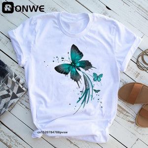 Woman Butterfly Tree Print Summer Tshirts Casual Round Neck Short Slee Top Tee Shirt