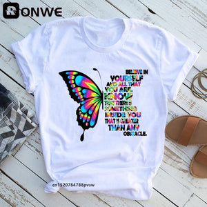 Woman Butterfly Tree Print Summer Tshirts Casual Round Neck Short Slee Top Tee Shirt