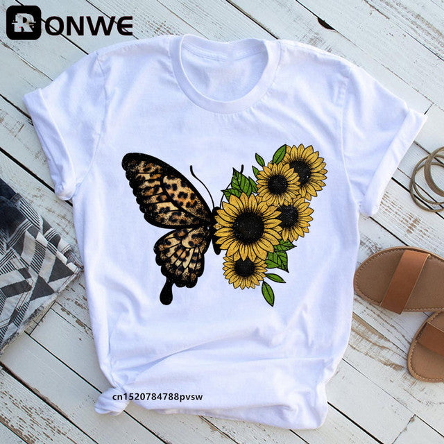 Woman Butterfly Tree Print Summer Tshirts Casual Round Neck Short Slee Top Tee Shirt