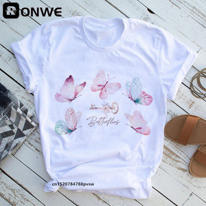 Woman Butterfly Tree Print Summer Tshirts Casual Round Neck Short Slee Top Tee Shirt