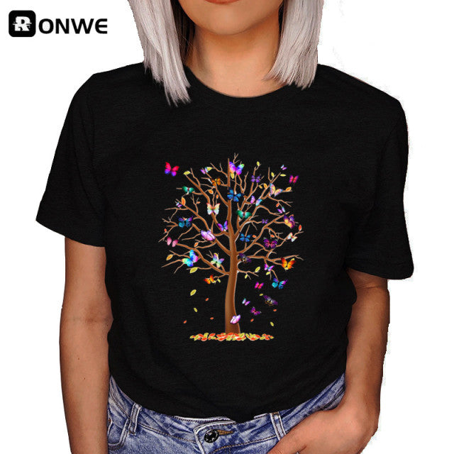 Woman Butterfly Tree Print Summer Tshirts Casual Round Neck Short Slee Top Tee Shirt