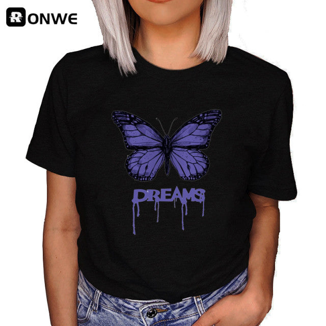 Woman Butterfly Tree Print Summer Tshirts Casual Round Neck Short Slee Top Tee Shirt