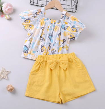 Girl Clothes Set Summer Children Bow Lace Sling T-shirt+ Striped Short Pants Sets Kids Sleeveless Clothing