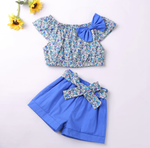 Girl Clothes Set Summer Children Bow Lace Sling T-shirt+ Striped Short Pants Sets Kids Sleeveless Clothing