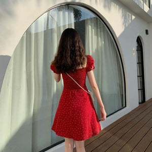 Retro Dress Women French Dot Summer Prairie Chic Red Vacation Clothes