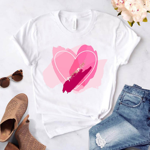 Heart flower print ladies T-shirt ladies O-collar white shirt short sleeve ladies T-shirt