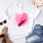 Heart flower print ladies T-shirt ladies O-collar white shirt short sleeve ladies T-shirt