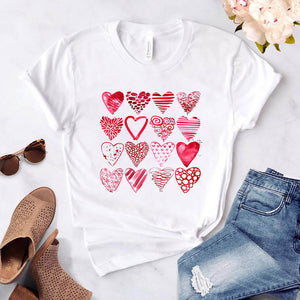 Heart flower print ladies T-shirt ladies O-collar white shirt short sleeve ladies T-shirt