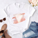 Heart flower print ladies T-shirt ladies O-collar white shirt short sleeve ladies T-shirt