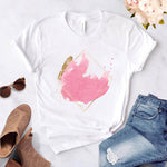 Heart flower print ladies T-shirt ladies O-collar white shirt short sleeve ladies T-shirt