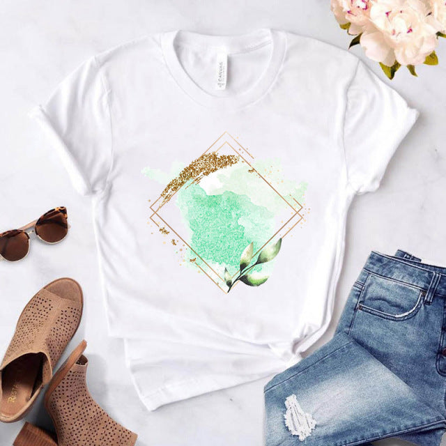 Heart flower print ladies T-shirt ladies O-collar white shirt short sleeve ladies T-shirt