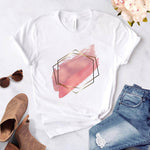 Heart flower print ladies T-shirt ladies O-collar white shirt short sleeve ladies T-shirt