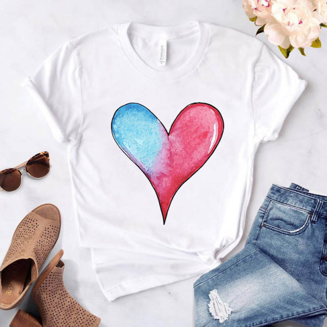 Heart flower print ladies T-shirt ladies O-collar white shirt short sleeve ladies T-shirt