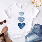 Heart flower print ladies T-shirt ladies O-collar white shirt short sleeve ladies T-shirt