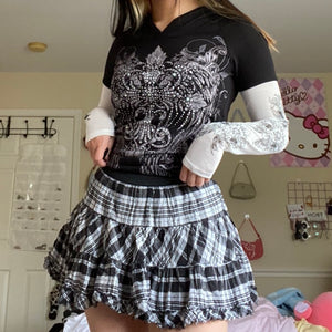 E-girl Gothic Lace Mini Pleated Skirt Women Aesthetic High Waist A-Line Short Skirt Streetwear