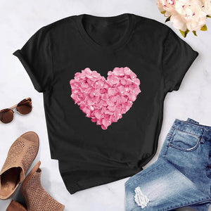 Heart flower print ladies T-shirt ladies O-collar white shirt short sleeve ladies T-shirt