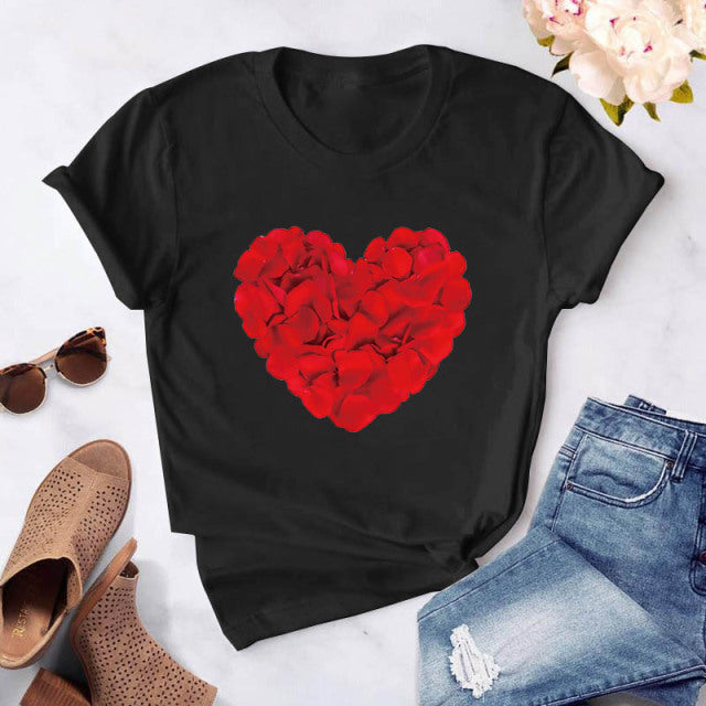 Heart flower print ladies T-shirt ladies O-collar white shirt short sleeve ladies T-shirt