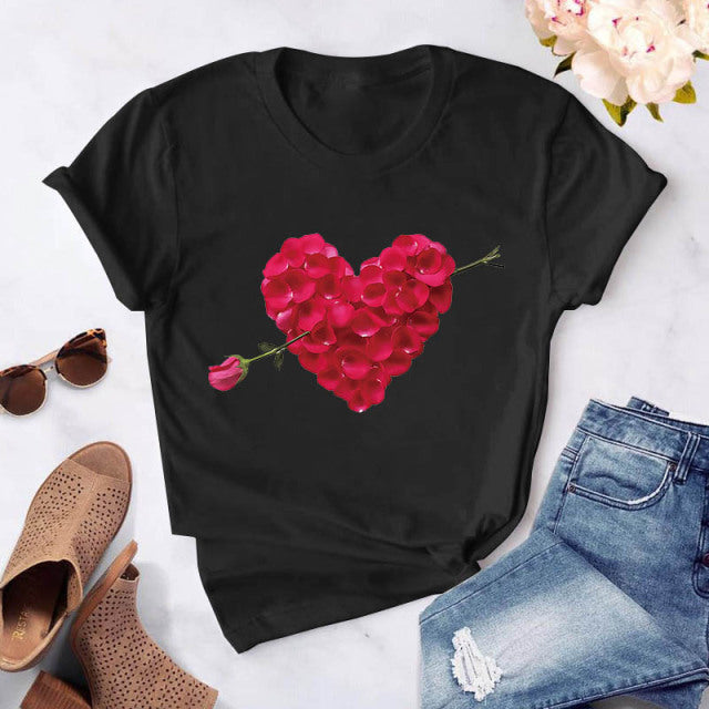 Heart flower print ladies T-shirt ladies O-collar white shirt short sleeve ladies T-shirt