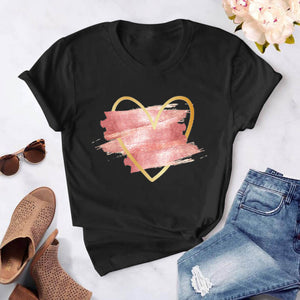 Heart flower print ladies T-shirt ladies O-collar white shirt short sleeve ladies T-shirt